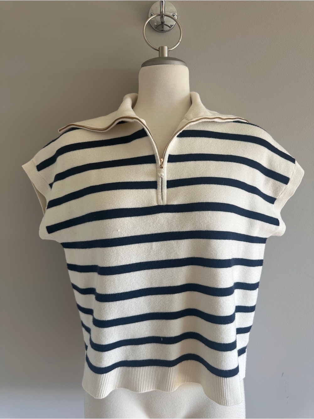 Cynthia Rowley Cream & Navy Striped Half-Zip Sweater Top